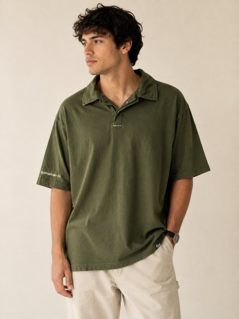 Quiksilver Mens XL Olive Green Polo Shirt Y2K Gorpcore Surf Skater 100% Cotton